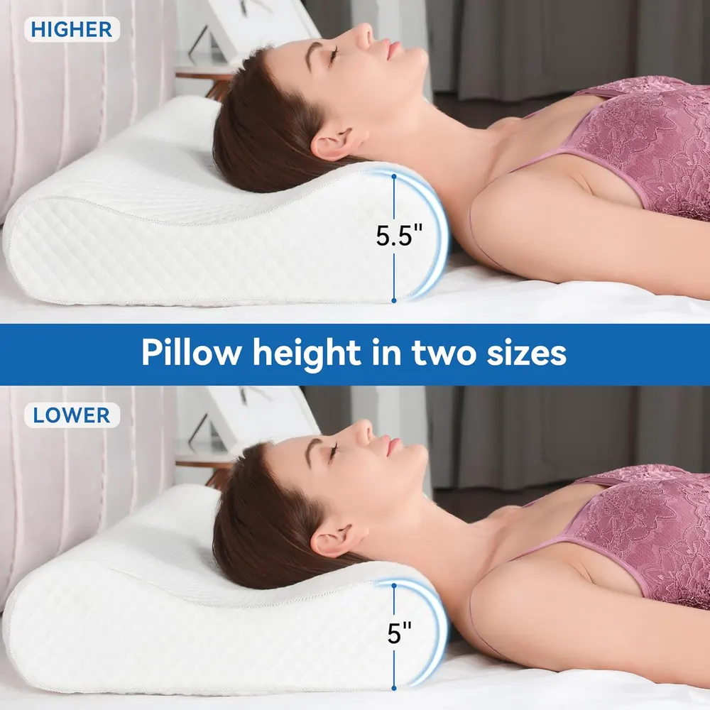 A side-by-side comparison showing incorrect vs. correct spinal alignment on a pillow
